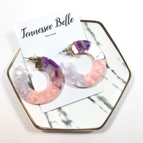 Cardi Pink Acrylic Purple Thick Circle Stud Hoop E - Picture 6 of 6